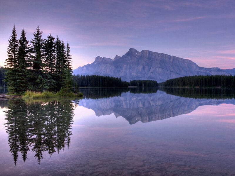 Mountain Reflected in Lake — Purple, Serene, Sunset, Photograph, Trees