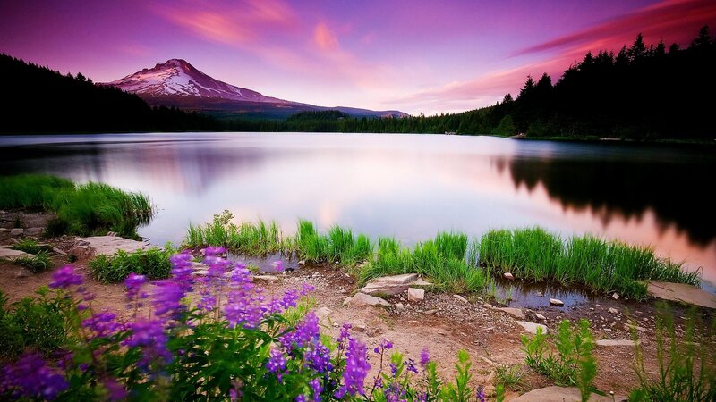 Mountain Reflected in Lake — Purple, Serene, Sunset