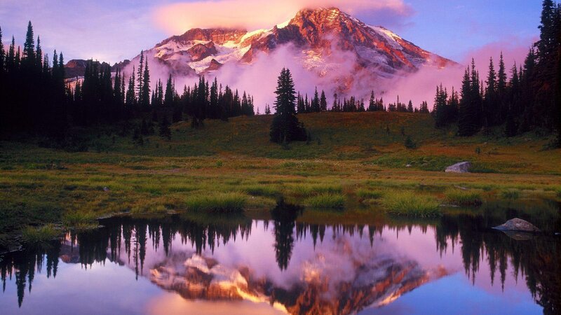 Mountain Reflected in Lake — Purple