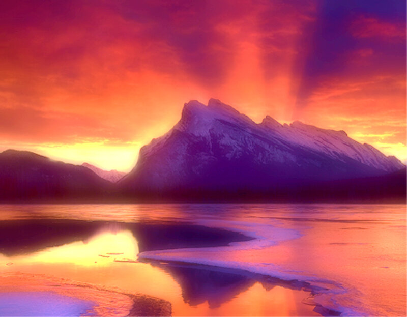 Mountain Reflected in Lake — Red, Dramatic, Sunset, Photograph, Sky, Orange