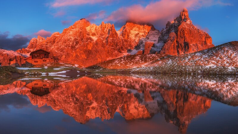 Mountain Reflected in Lake — Red, Dramatic, Sunset, Photograph