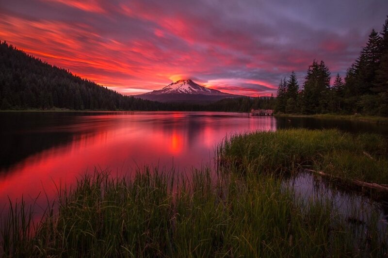 Mountain Reflected in Lake — Red, Dramatic, Sunset