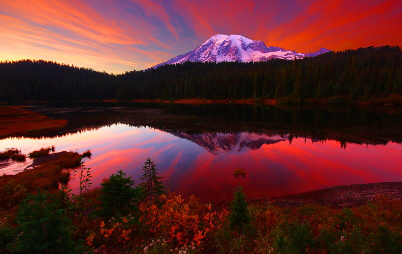 Mountain Reflected in Lake — Red, Dramatic