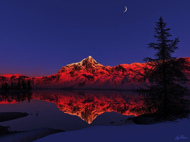 Mountain Reflected in Lake — Red, Serene, Night