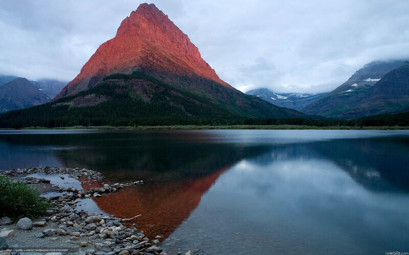 Mountain Reflected in Lake — Red, Serene, Sunset, Photograph