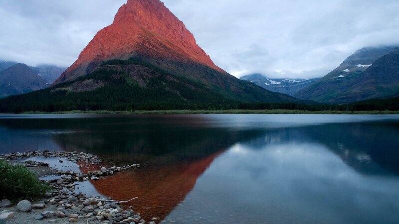 Mountain Reflected in Lake — Red, Serene, Sunset