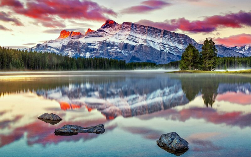 Mountain Reflected in Lake — Red, Serene