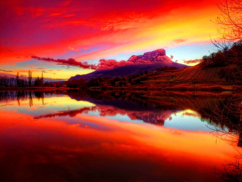 Mountain Reflected in Lake — Red