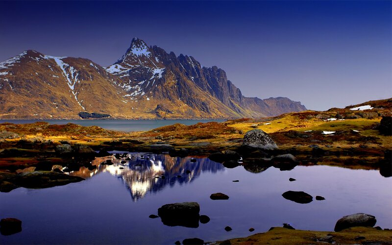 Mountain Reflected in Pond — Blue, Serene, Sunset