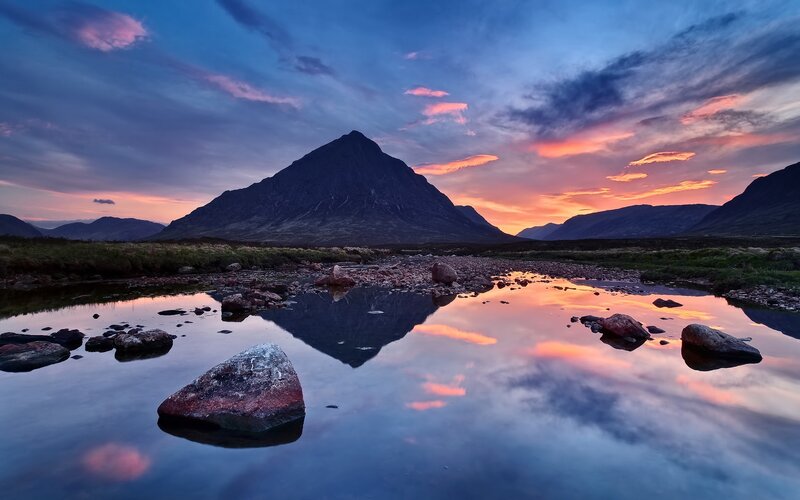 Mountain Reflected in River — Blue, Serene, Sunset, Photograph