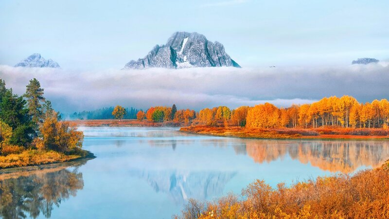Mountain Reflected in River — Blue
