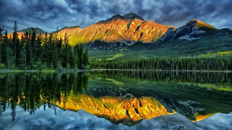 Mountain Reflecting in Lake — Blue, Dramatic