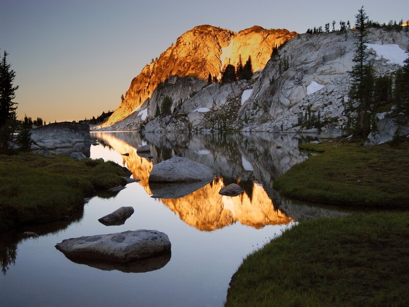 Mountain Reflecting in Lake — Orange, Serene, Sunset
