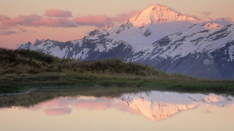 Mountain reflection at sunset