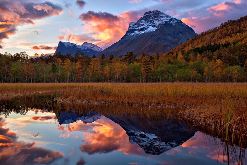 Mountain reflection at sunset