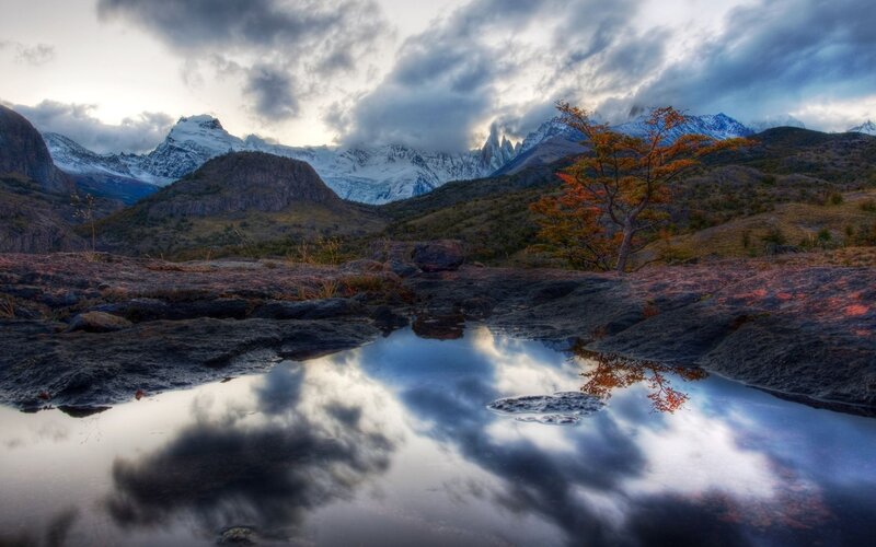 Mountain reflection in a puddle