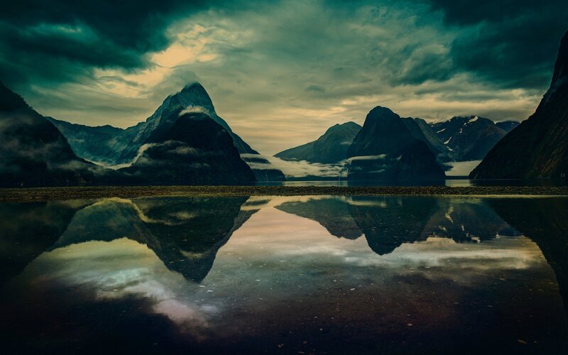 Mountain reflection in calm water