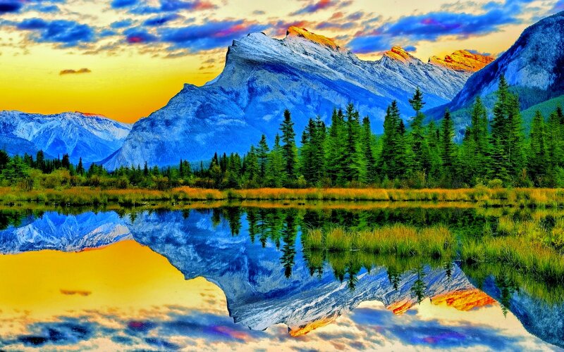 Mountain Reflection in Lake — Blue, Dramatic, Sunset