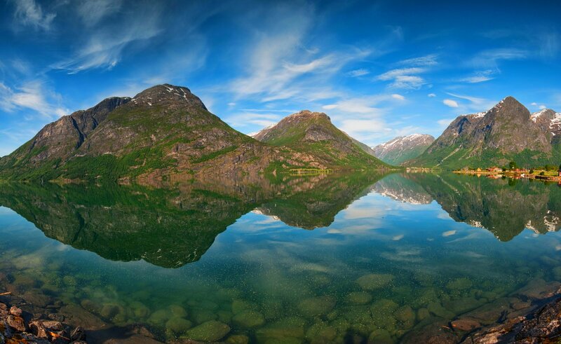 Mountain Reflection in Lake — Blue, Serene, Afternoon, Photograph, Mountains, Sky