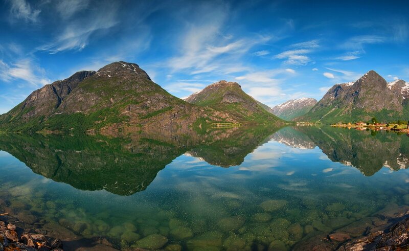 Mountain Reflection in Lake — Blue, Serene, Afternoon, Photograph, Mountains, Sky, Trees