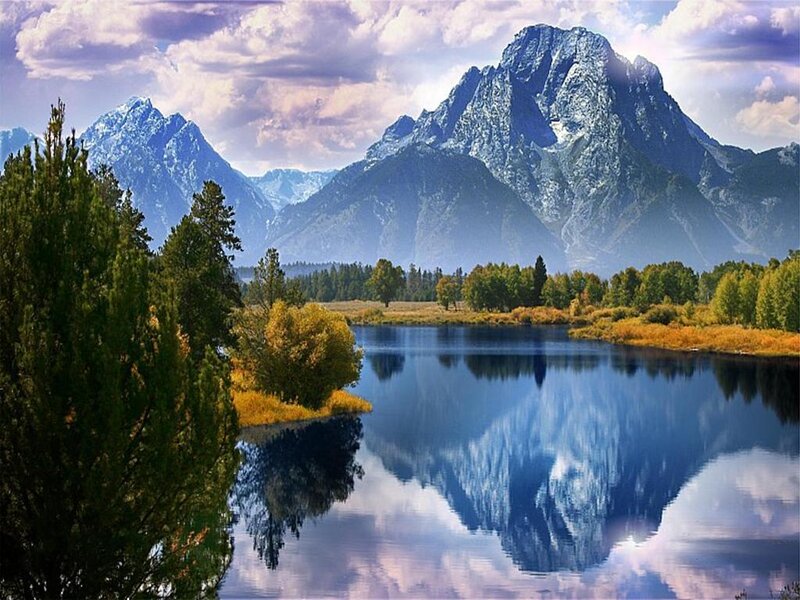 Mountain Reflection in Lake — Blue, Serene, Afternoon, Photograph, Trees, Mountains, Clouds