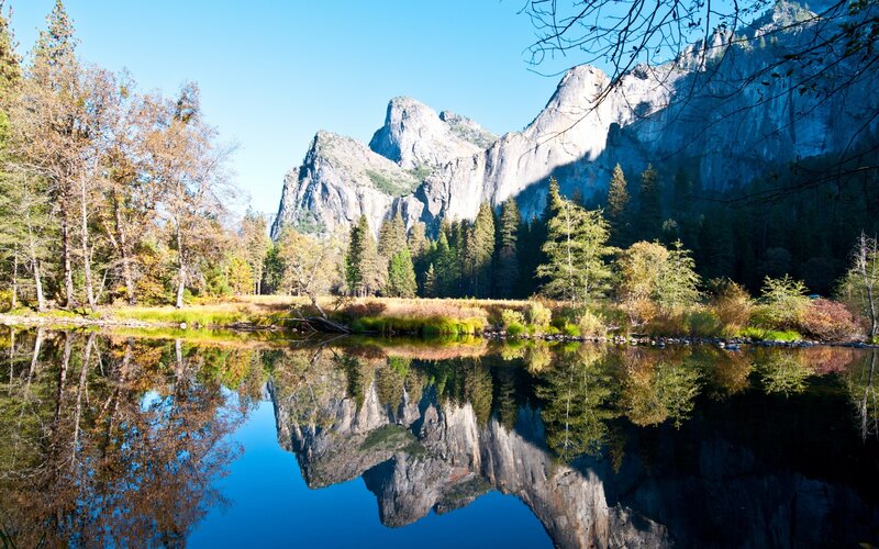 Mountain Reflection in Lake — Blue, Serene, Afternoon, Photograph, Trees, Mountains, Sky, Green