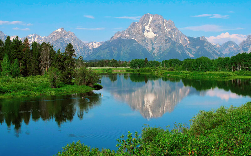 Mountain Reflection in Lake — Blue, Serene, Afternoon, Photograph, Trees, Mountains, Sky