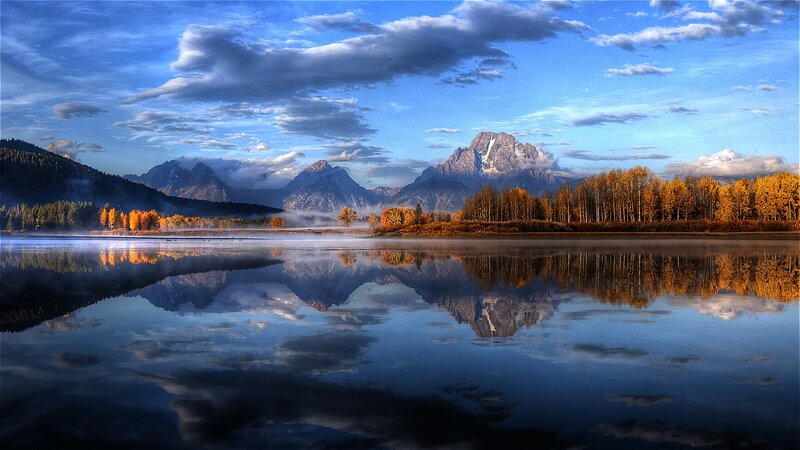 Mountain Reflection in Lake — Blue, Serene, Autumn, Photograph