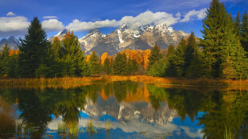 Mountain Reflection in Lake — Blue, Serene, Autumn, Photograph, Trees, Clouds, Snow-capped Peaks