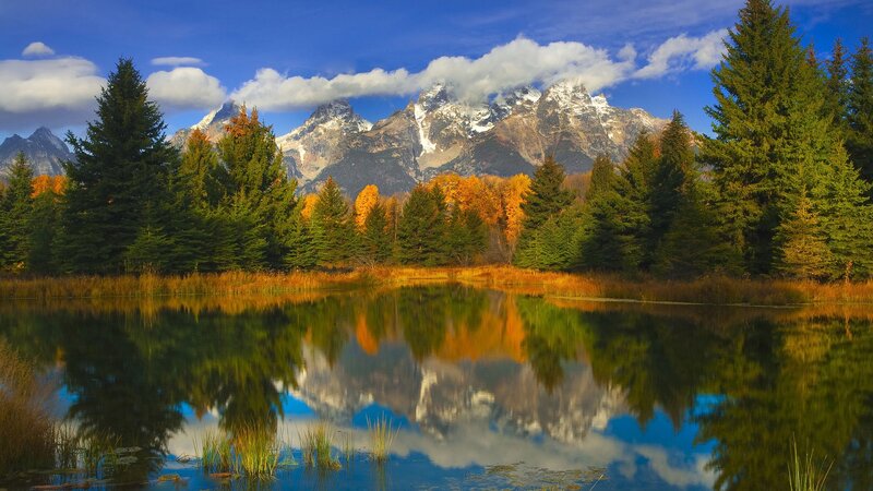 Mountain Reflection in Lake — Blue, Serene, Autumn, Photograph, Trees, Clouds