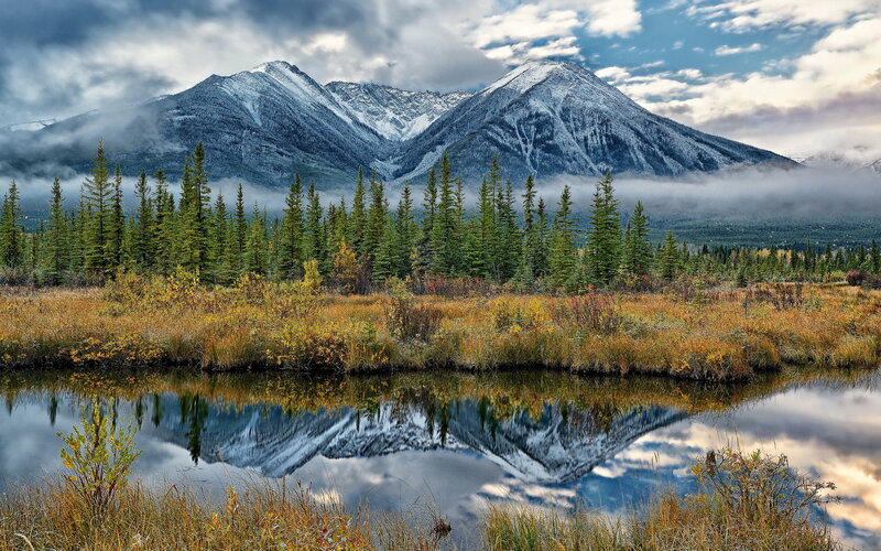 Mountain Reflection in Lake — Blue, Serene, Autumn, Photograph, Trees, Fog