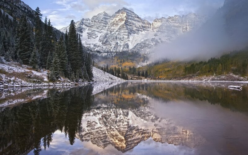 Mountain Reflection in Lake — Blue, Serene, Autumn, Photograph, Trees, Snow
