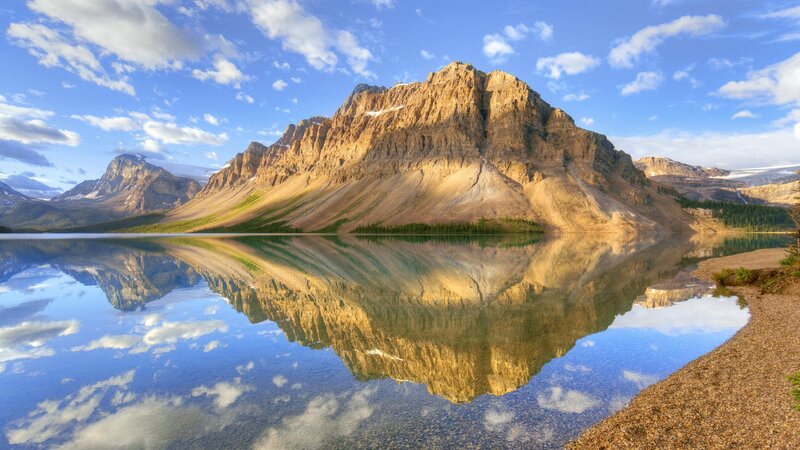 Mountain Reflection in Lake — Blue, Serene, Morning, Photograph, Clouds