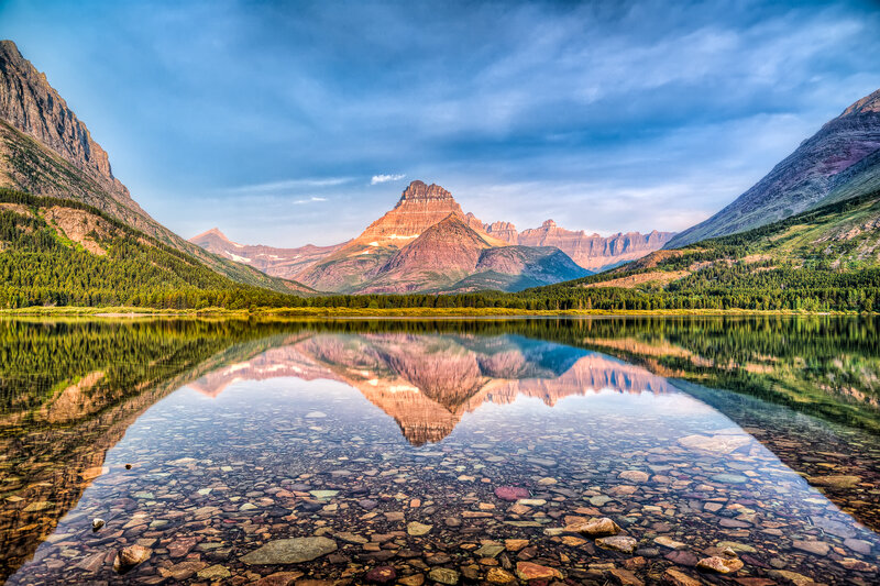 Mountain Reflection in Lake — Blue, Serene, Morning, Photograph, Forest, Mountains
