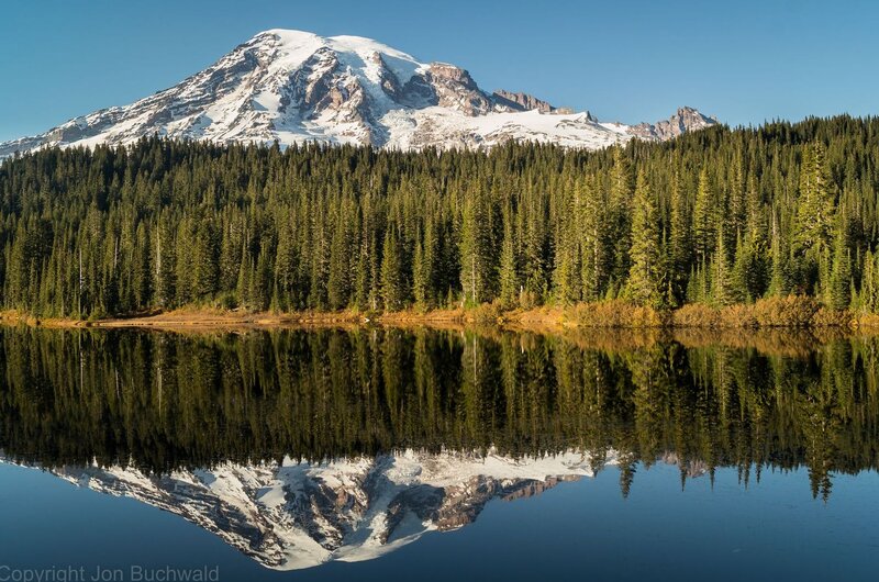 Mountain Reflection in Lake — Blue, Serene, Morning, Photograph, Forest, Snow