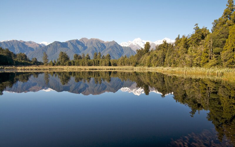 Mountain Reflection in Lake — Blue, Serene, Morning, Photograph, Mountains, Forest, Green