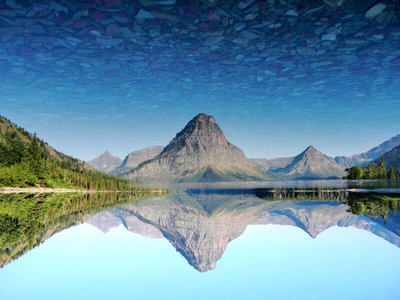 Mountain Reflection in Lake — Blue, Serene, Morning, Photograph, Mountains, Forest