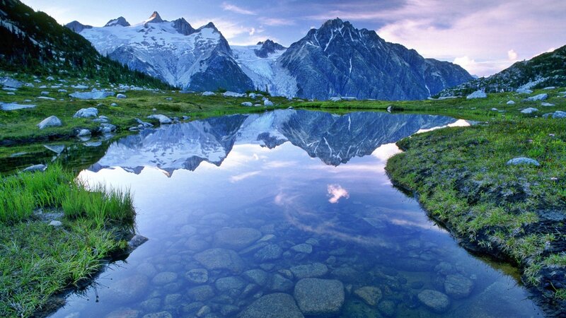 Mountain Reflection in Lake — Blue, Serene, Morning, Photograph, Mountains, Grass