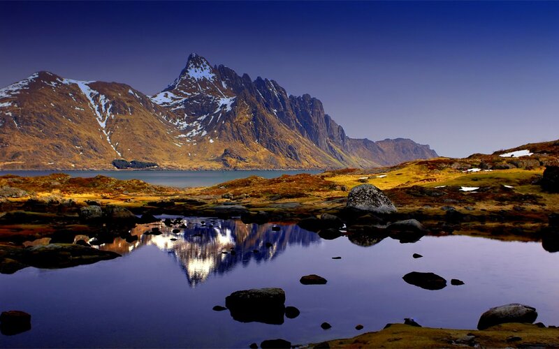 Mountain Reflection in Lake — Blue, Serene, Morning, Photograph, Mountains, Rocks