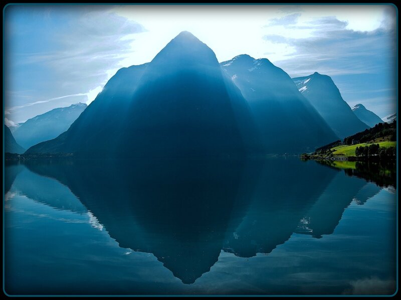 Mountain Reflection in Lake — Blue, Serene, Morning, Photograph, Mountains