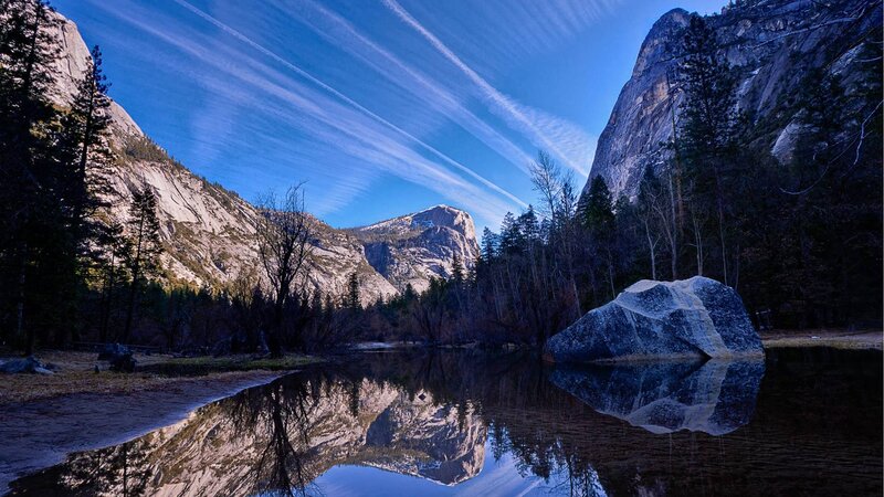 Mountain Reflection in Lake — Blue, Serene, Morning, Photograph, Mountains, Trees, Gray