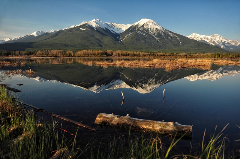 Mountain Reflection in Lake — Blue, Serene, Morning, Photograph, Mountains, Trees, Log