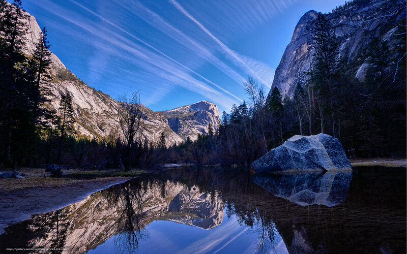 Mountain Reflection in Lake — Blue, Serene, Morning, Photograph, Mountains, Trees, Rock