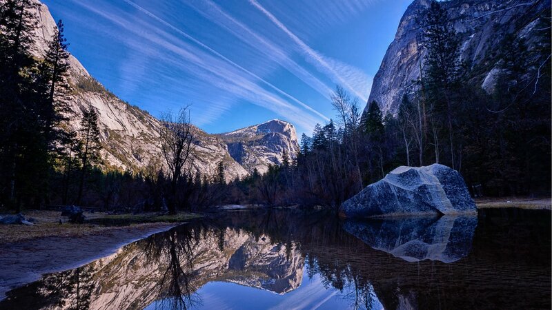 Mountain Reflection in Lake — Blue, Serene, Morning, Photograph, Mountains, Trees
