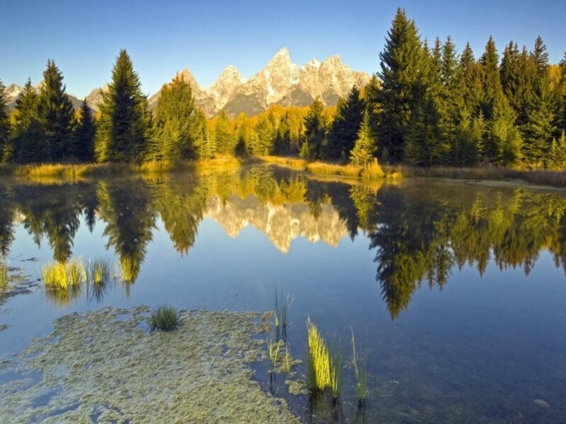 Mountain Reflection in Lake — Blue, Serene, Morning, Photograph, Trees, Mountains, Sky