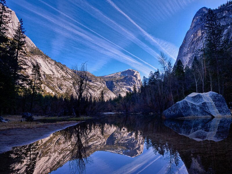 Mountain Reflection in Lake — Blue, Serene, Morning, Photograph, Trees, Rock, Sky, Clouds