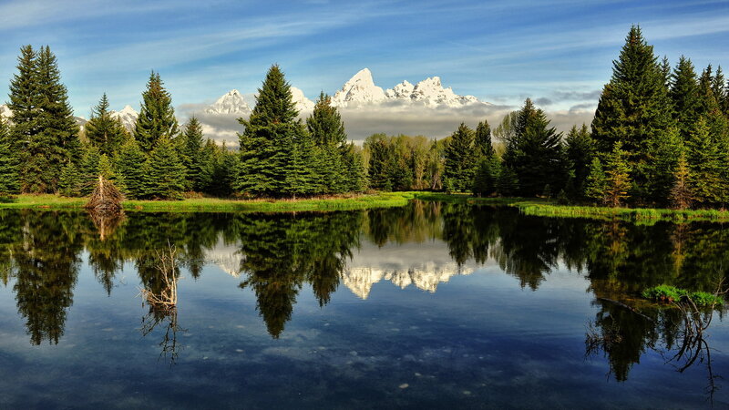 Mountain Reflection in Lake — Blue, Serene, Morning, Photograph, Trees, Snow-capped Mountains
