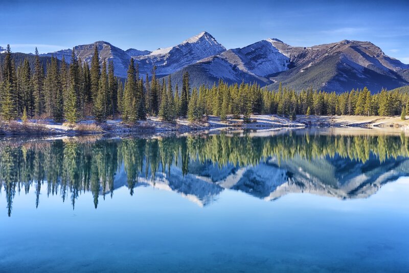 Mountain Reflection in Lake — Blue, Serene, Morning, Photograph, Trees, Snow
