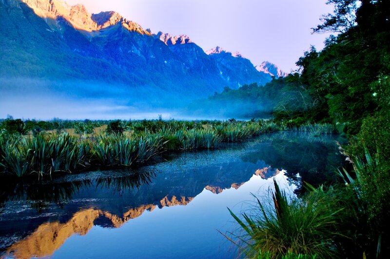 Mountain Reflection in Lake — Blue, Serene, Morning