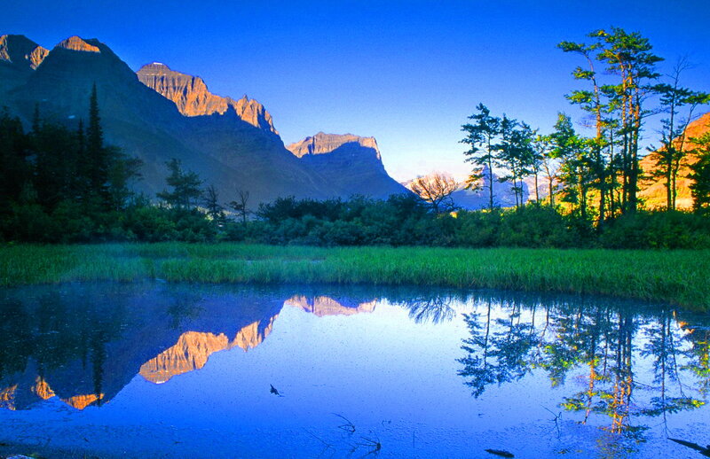 Mountain Reflection in Lake — Blue, Serene, Sunrise, Photograph